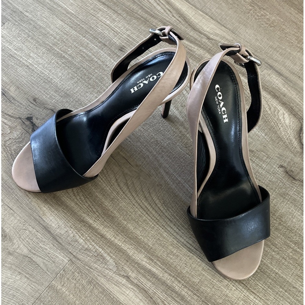Coach Gladis Leather Black Beige Two Tone Open Toe Slingback Heel Sandals 7B